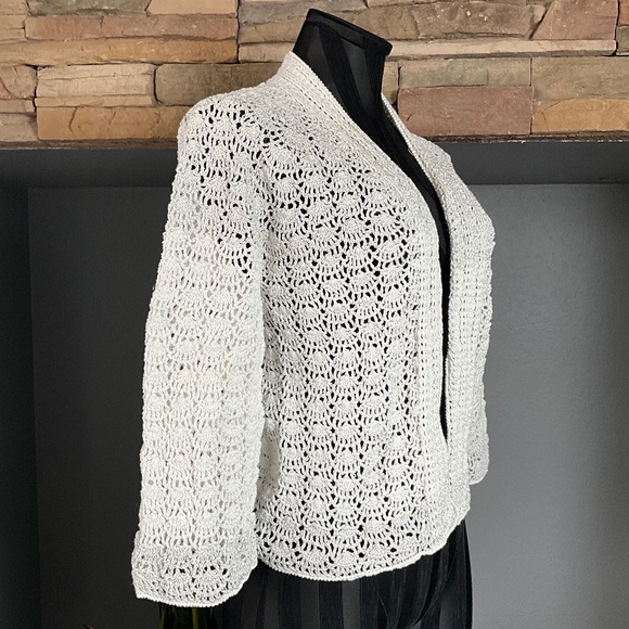 Handmade Knit Crochet Open Front Cardigan Sweater Boho White Silver Metallic S - Picture 4 of 8